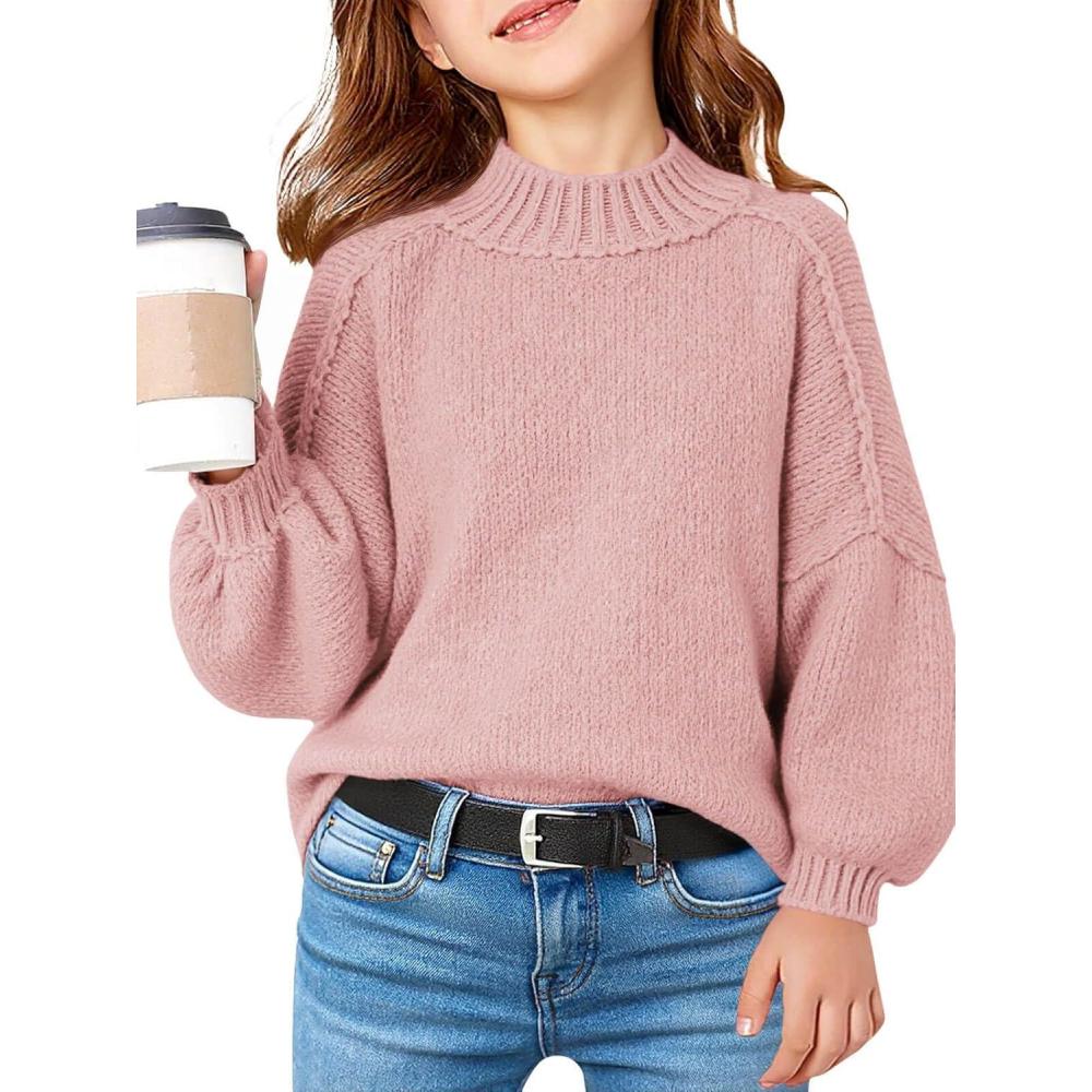 image:imageHaloumoning Girls Oversized Sweater Kids Batwing Long Sleeve Mock Neck Pullover Fall Clothes 514YPink