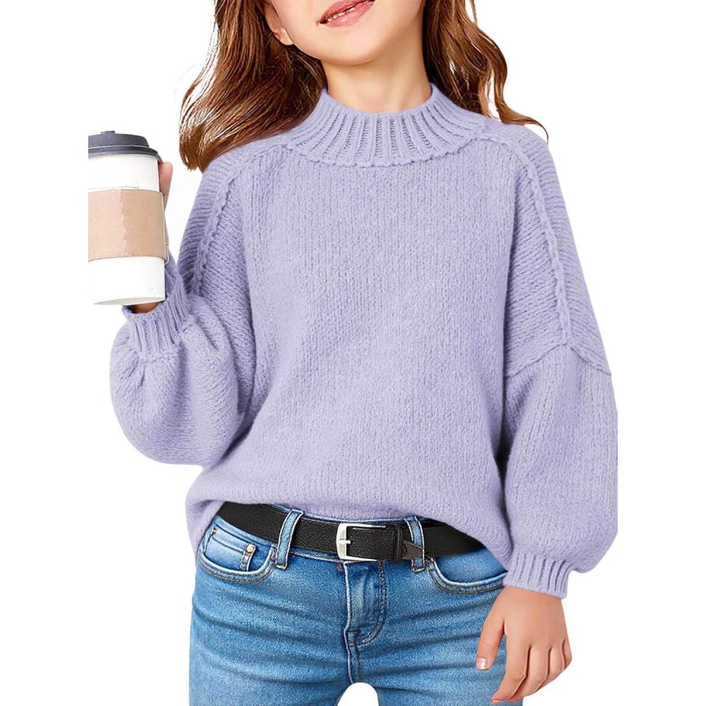 image:imageHaloumoning Girls Oversized Sweater Kids Batwing Long Sleeve Mock Neck Pullover Fall Clothes 514YPurple