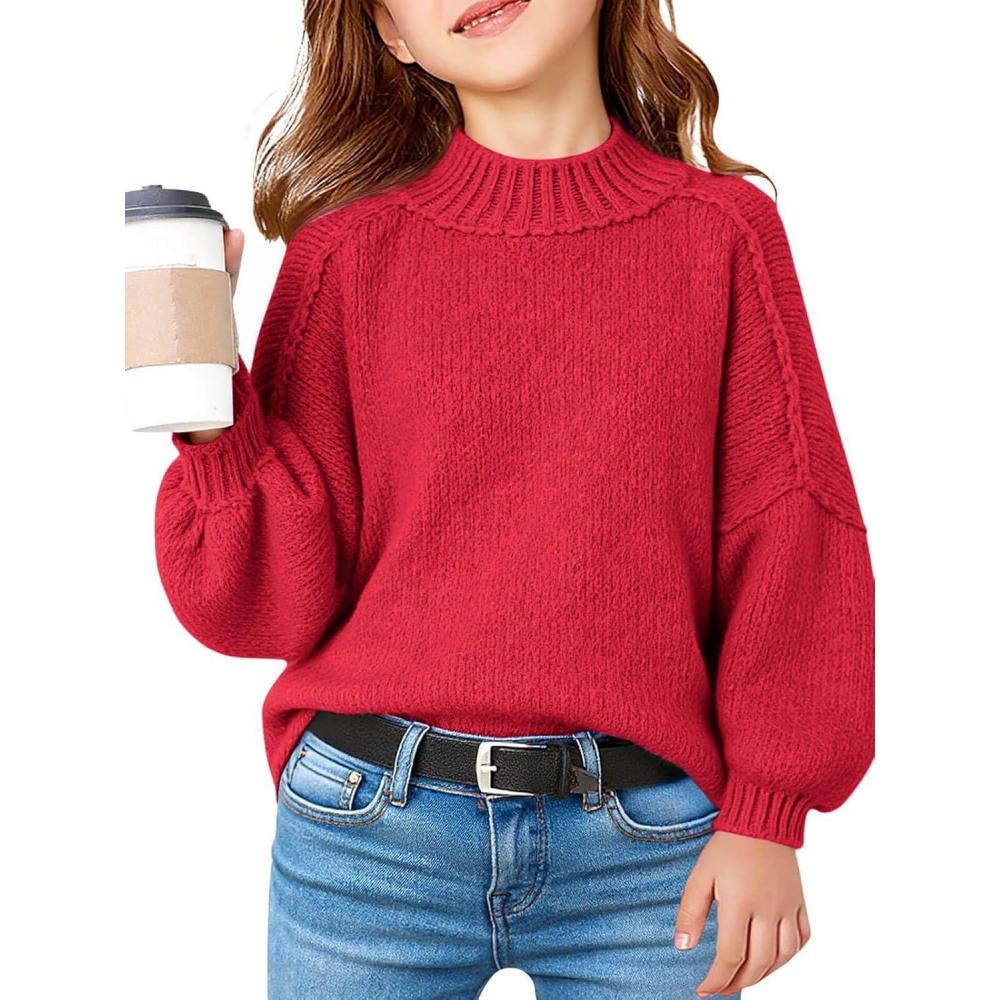 image:imageHaloumoning Girls Oversized Sweater Kids Batwing Long Sleeve Mock Neck Pullover Fall Clothes 514YRed