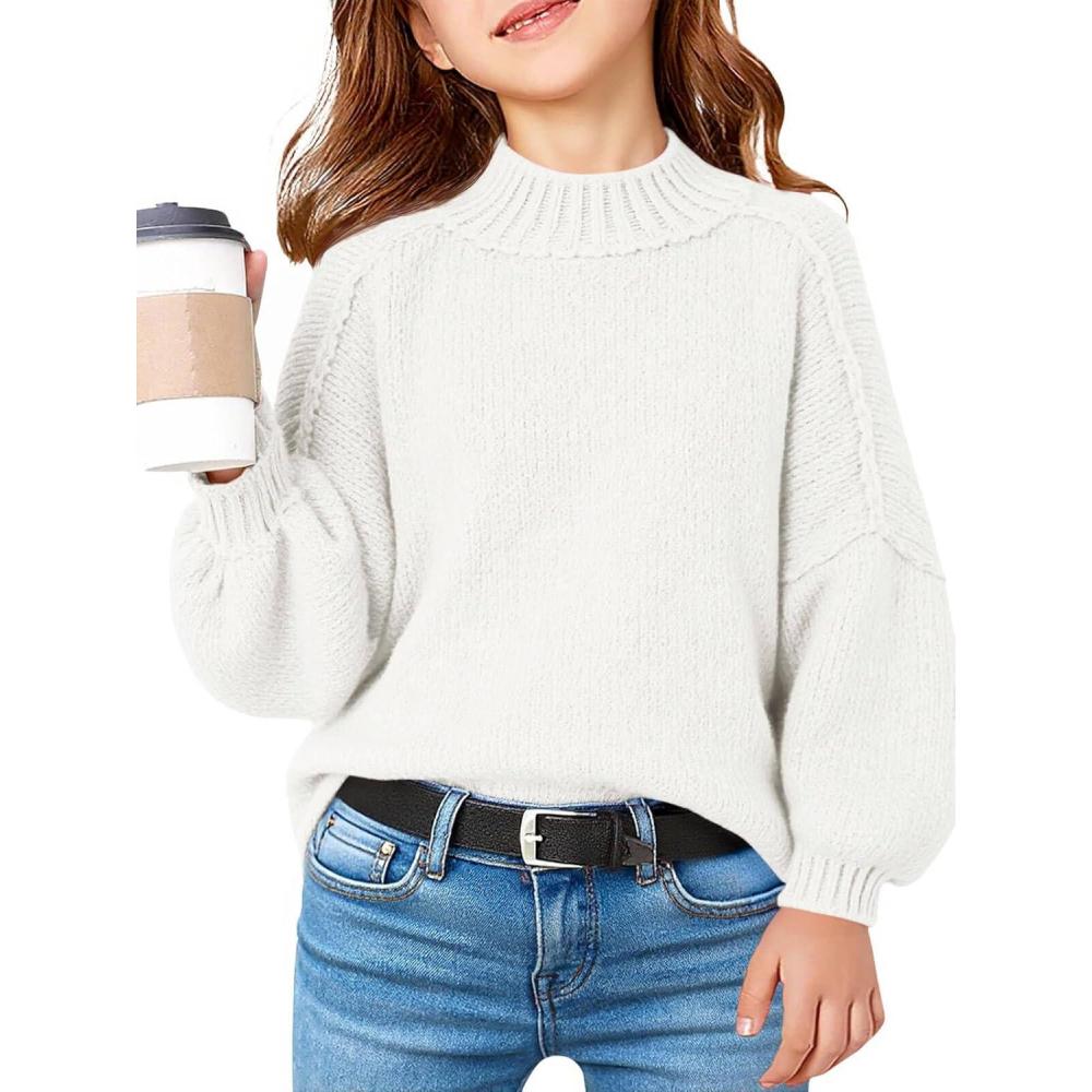 image:imageHaloumoning Girls Oversized Sweater Kids Batwing Long Sleeve Mock Neck Pullover Fall Clothes 514YWhite