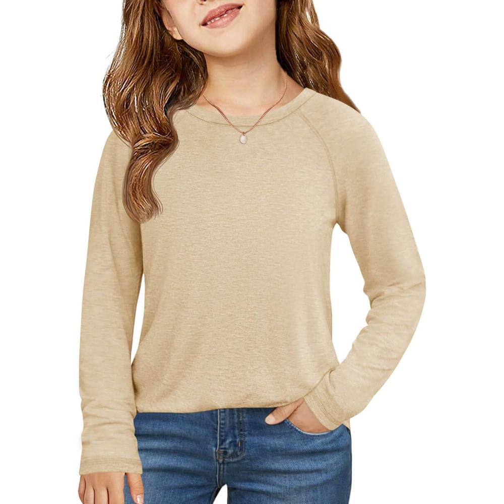image:imageHaloumoning Girls Raglan Long Sleeve Shirts Kids Curve Hem Crewneck Tunic Tops Fashion TShirts 514YApricot