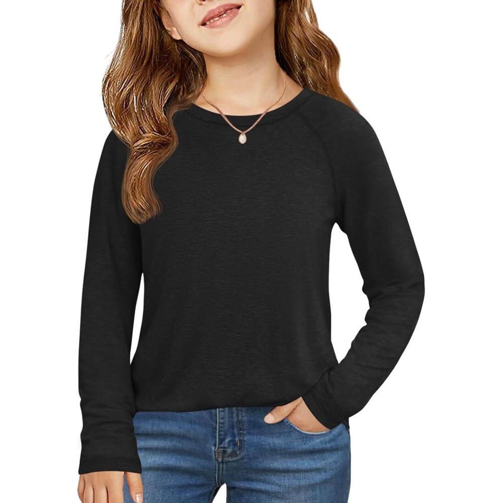image:imageHaloumoning Girls Raglan Long Sleeve Shirts Kids Curve Hem Crewneck Tunic Tops Fashion TShirts 514YBlack