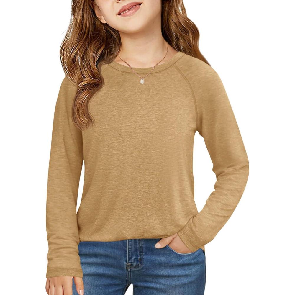 image:imageHaloumoning Girls Raglan Long Sleeve Shirts Kids Curve Hem Crewneck Tunic Tops Fashion TShirts 514YKhaki