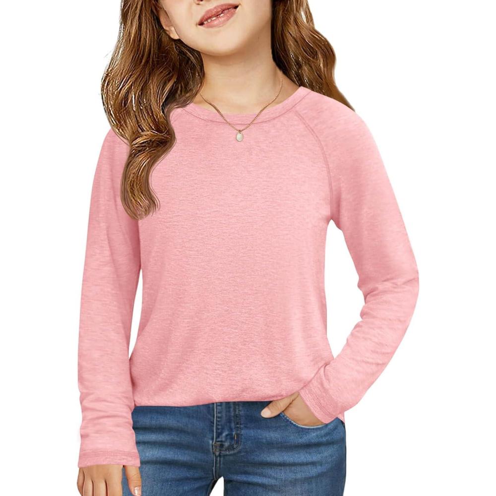 image:imageHaloumoning Girls Raglan Long Sleeve Shirts Kids Curve Hem Crewneck Tunic Tops Fashion TShirts 514YLight Pink