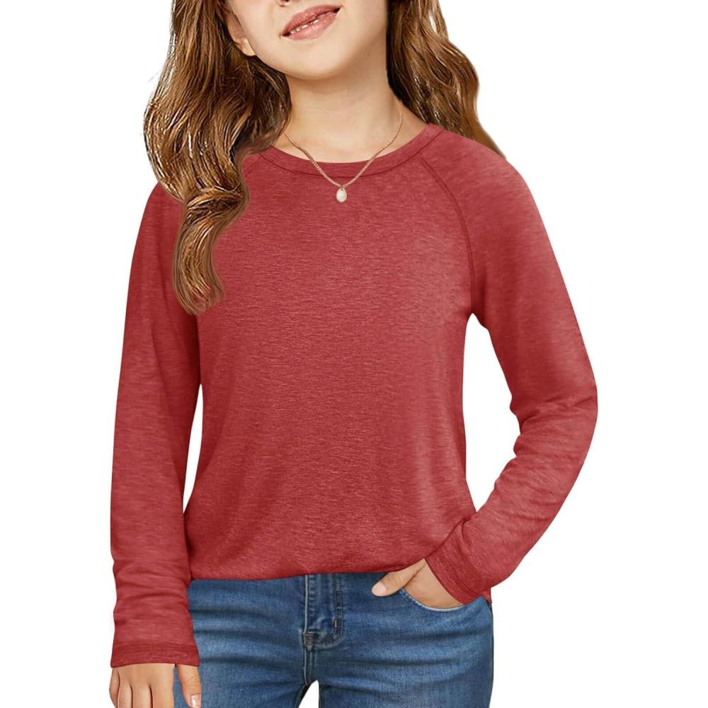 image:imageHaloumoning Girls Raglan Long Sleeve Shirts Kids Curve Hem Crewneck Tunic Tops Fashion TShirts 514YRed