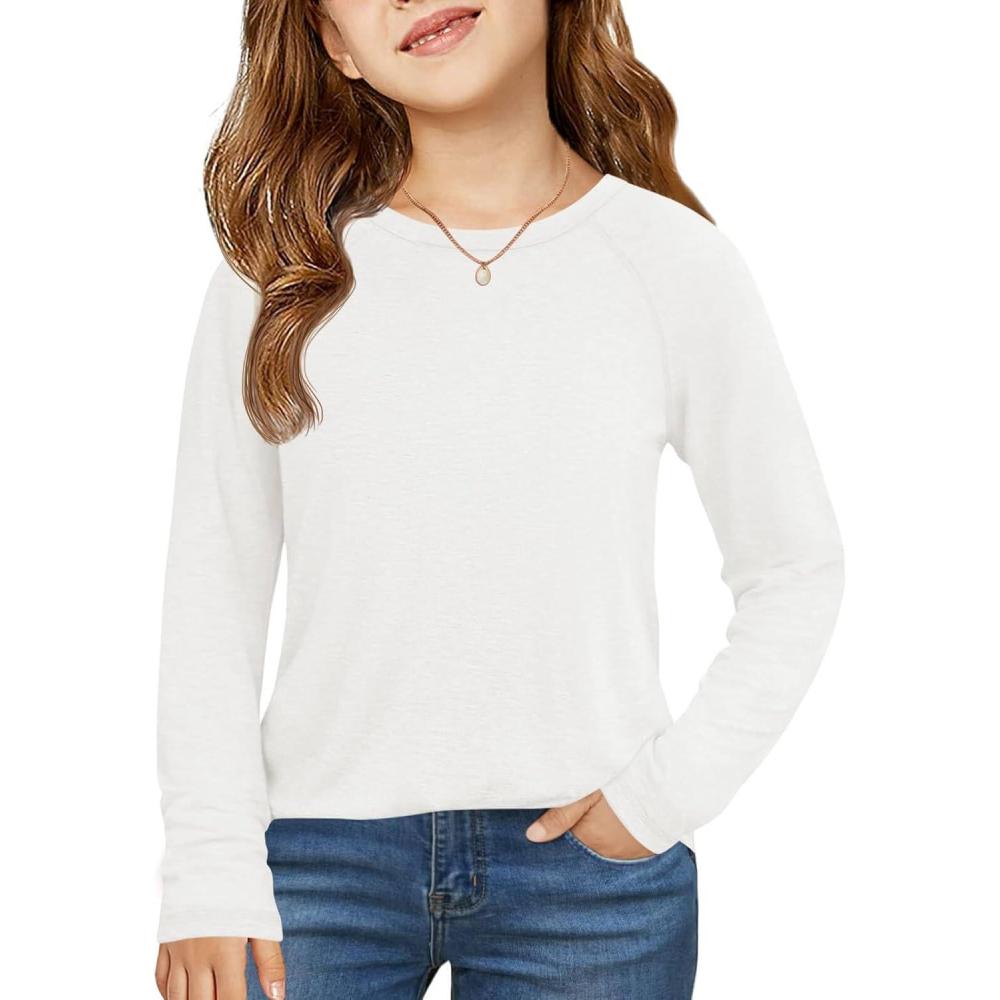 image:imageHaloumoning Girls Raglan Long Sleeve Shirts Kids Curve Hem Crewneck Tunic Tops Fashion TShirts 514YWhite