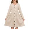 Girls Dresses Kids Button Down Midi Long Sleeve Casual A Line Dress with Pockets 4-14 Years(Apricot)