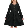 Girls Dresses Kids Button Down Midi Long Sleeve Casual A Line Dress with Pockets 4-14 Years(Black)