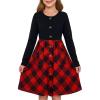 Girls Dresses Kids Button Down Midi Long Sleeve Casual A Line Dress with Pockets 4-14 Years(Black and Red)