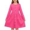 Girls Dresses Kids Button Down Midi Long Sleeve Casual A Line Dress with Pockets 4-14 Years(Hot Pink)
