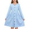 Girls Dresses Kids Button Down Midi Long Sleeve Casual A Line Dress with Pockets 4-14 Years(Light Blue)
