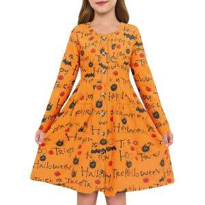 Girls Dresses Kids Button Down Midi Long Sleeve Casual A Line Dress with Pockets 4-14 Years(A-orange)