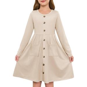 Girls Dresses Kids Button Down Midi Long Sleeve Casual A Line Dress with Pockets 4-14 Years(Apricot)