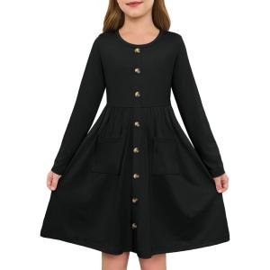 Girls Dresses Kids Button Down Midi Long Sleeve Casual A Line Dress with Pockets 4-14 Years(Black)