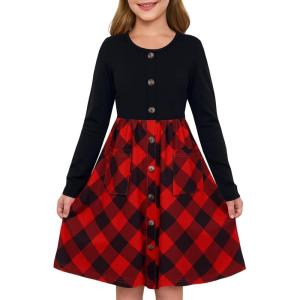 Girls Dresses Kids Button Down Midi Long Sleeve Casual A Line Dress with Pockets 4-14 Years(Black and Red)