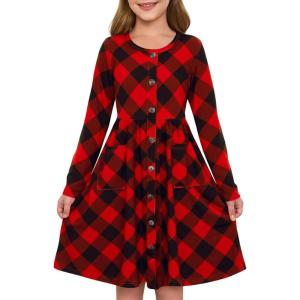 Girls Dresses Kids Button Down Midi Long Sleeve Casual A Line Dress with Pockets 4-14 Years(Buffalo Plaid-red)