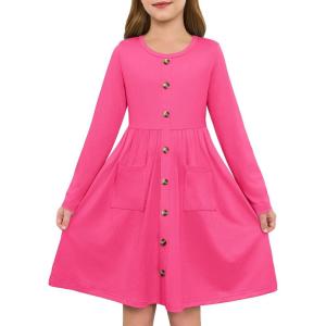 Girls Dresses Kids Button Down Midi Long Sleeve Casual A Line Dress with Pockets 4-14 Years(Hot Pink)