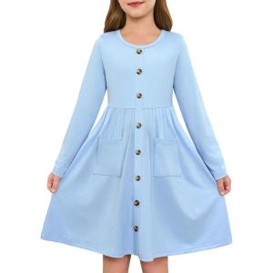 Girls Dresses Kids Button Down Midi Long Sleeve Casual A Line Dress with Pockets 4-14 Years(Light Blue)