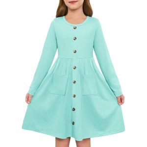 Girls Dresses Kids Button Down Midi Long Sleeve Casual A Line Dress with Pockets 4-14 Years(Mint Green)
