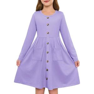 Girls Dresses Kids Button Down Midi Long Sleeve Casual A Line Dress with Pockets 4-14 Years(Purple)