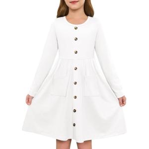 Girls Dresses Kids Button Down Midi Long Sleeve Casual A Line Dress with Pockets 4-14 Years(White)