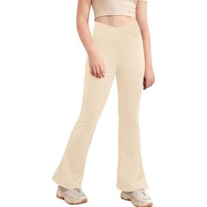 Girl’s Leggings Cross High Waisted Flare Pants Yoga Bootcut Pants Solid Color Full Length Bell Bottoms(Beige)