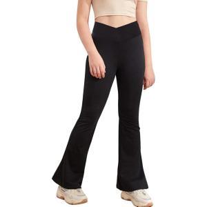 Girl’s Leggings Cross High Waisted Flare Pants Yoga Bootcut Pants Solid Color Full Length Bell Bottoms(Black)