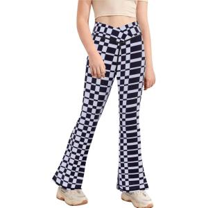 Girl’s Leggings Cross High Waisted Flare Pants Yoga Bootcut Pants Solid Color Full Length Bell Bottoms(Checkered)