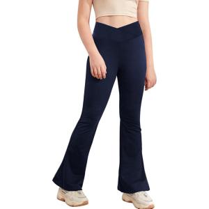 Girl’s Leggings Cross High Waisted Flare Pants Yoga Bootcut Pants Solid Color Full Length Bell Bottoms(Dark Blue)