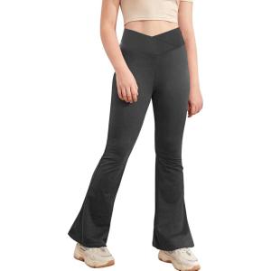 Girl’s Leggings Cross High Waisted Flare Pants Yoga Bootcut Pants Solid Color Full Length Bell Bottoms(Dark Grey)