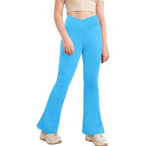 Girl’s Leggings Cross High Waisted Flare Pants Yoga Bootcut Pants Solid Color Full Length Bell Bottoms(Light Blue)