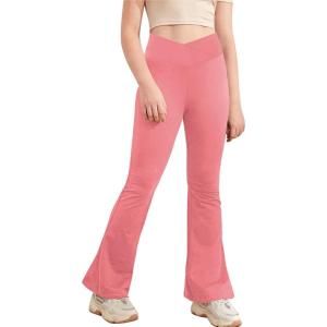 Girl’s Leggings Cross High Waisted Flare Pants Yoga Bootcut Pants Solid Color Full Length Bell Bottoms(Pink)