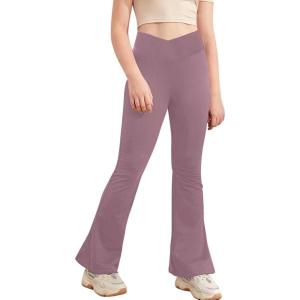 Girl’s Leggings Cross High Waisted Flare Pants Yoga Bootcut Pants Solid Color Full Length Bell Bottoms(Purple)