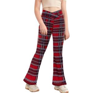 Girl’s Leggings Cross High Waisted Flare Pants Yoga Bootcut Pants Solid Color Full Length Bell Bottoms(Red Checkered)