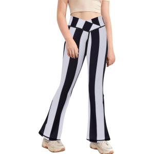 Girl’s Leggings Cross High Waisted Flare Pants Yoga Bootcut Pants Solid Color Full Length Bell Bottoms(Striped)