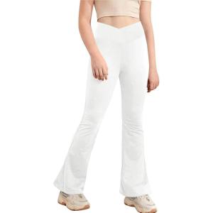 Girl’s Leggings Cross High Waisted Flare Pants Yoga Bootcut Pants Solid Color Full Length Bell Bottoms(White)