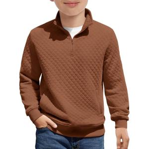 Haloumoning Boys Quarter Zip Quilted Sweatshirts Kids Fashion Long Sleeve Pullover Clothes 5-14 Years(Brown)