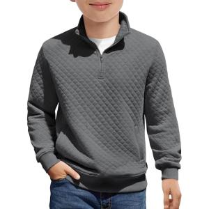 Haloumoning Boys Quarter Zip Quilted Sweatshirts Kids Fashion Long Sleeve Pullover Clothes 5-14 Years(Dark Grey)