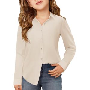 Haloumoning Girls Button Down Shirts Kids Long Sleeve Dress Shirts School Uniform Blouse 5-14 Years(Beige)