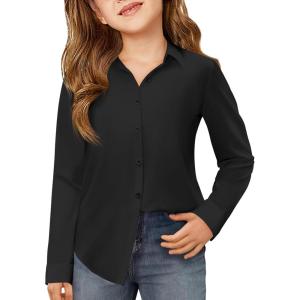 Haloumoning Girls Button Down Shirts Kids Long Sleeve Dress Shirts School Uniform Blouse 5-14 Years(Black)