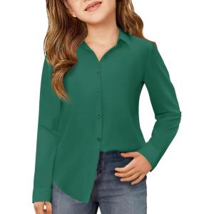 Haloumoning Girls Button Down Shirts Kids Long Sleeve Dress Shirts School Uniform Blouse 5-14 Years(Dark Green)