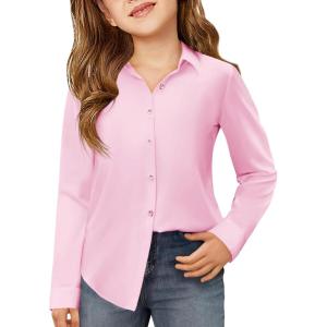 Haloumoning Girls Button Down Shirts Kids Long Sleeve Dress Shirts School Uniform Blouse 5-14 Years(Pink)