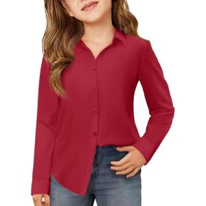 Haloumoning Girls Button Down Shirts Kids Long Sleeve Dress Shirts School Uniform Blouse 5-14 Years(Red)