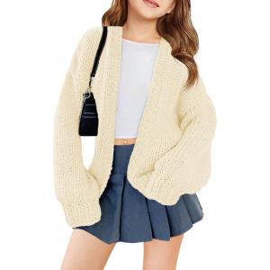 Haloumoning Girls Long Sleeve Cardigan Kids Casual Open Front Chunky Sweater Fall Outerwear 5-14Y(Cream White)