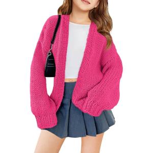 Haloumoning Girls Long Sleeve Cardigan Kids Casual Open Front Chunky Sweater Fall Outerwear 5-14Y(Hot Pink)