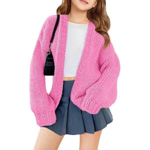 Haloumoning Girls Long Sleeve Cardigan Kids Casual Open Front Chunky Sweater Fall Outerwear 5-14Y(Pink)