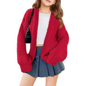 Haloumoning Girls Long Sleeve Cardigan Kids Casual Open Front Chunky Sweater Fall Outerwear 5-14Y(Red)