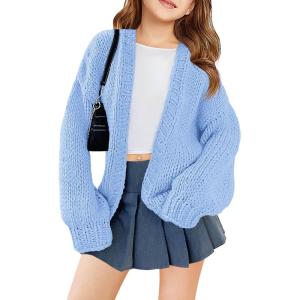 Haloumoning Girls Long Sleeve Cardigan Kids Casual Open Front Chunky Sweater Fall Outerwear 5-14Y(Sky Blue)