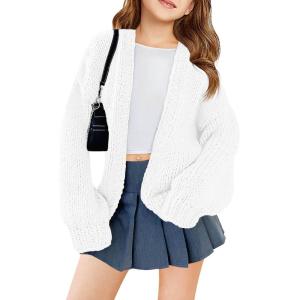 Haloumoning Girls Long Sleeve Cardigan Kids Casual Open Front Chunky Sweater Fall Outerwear 5-14Y(White)