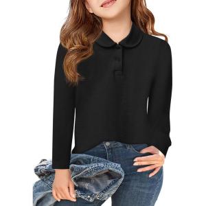 Haloumoning Girls Long Sleeve Polo Shirts Kids Peter Pan Collar School Uniform Shirts Cute Tops 5-14Y(Black)